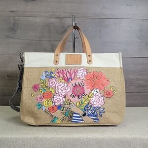 Brighton La Vie En Rose Love  Floral Burlap Leather Tote Crossbody Shoulder Bag